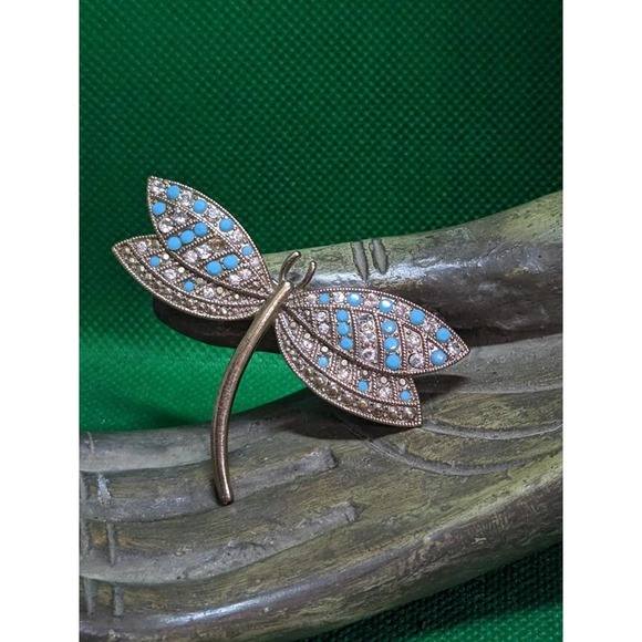 Rare Vintage 1940s Monet Gold Tone Aqua Stone Dragonfly Brooch - Picture 4 of 4